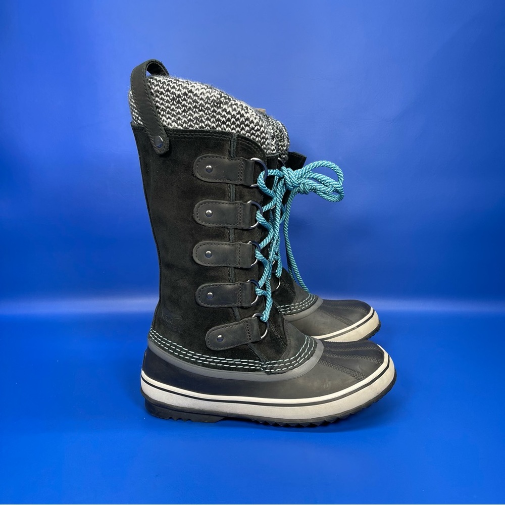 Sorel 13” Waterproof Joan Of Arctic Leather Knit Boots Womens 6 Black White Blue